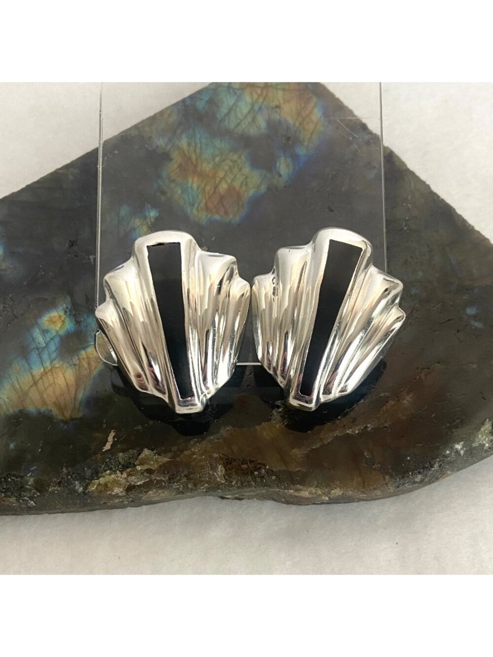 VTG Taxco Mex Sterling Silver 925 Modernist Black Onyx Inlay Clip On Earrings